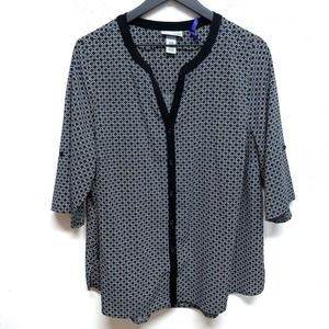 Catherines Geometric Blouse Womens 0X petite 14/16 blue white Black 3/4 Sleeve